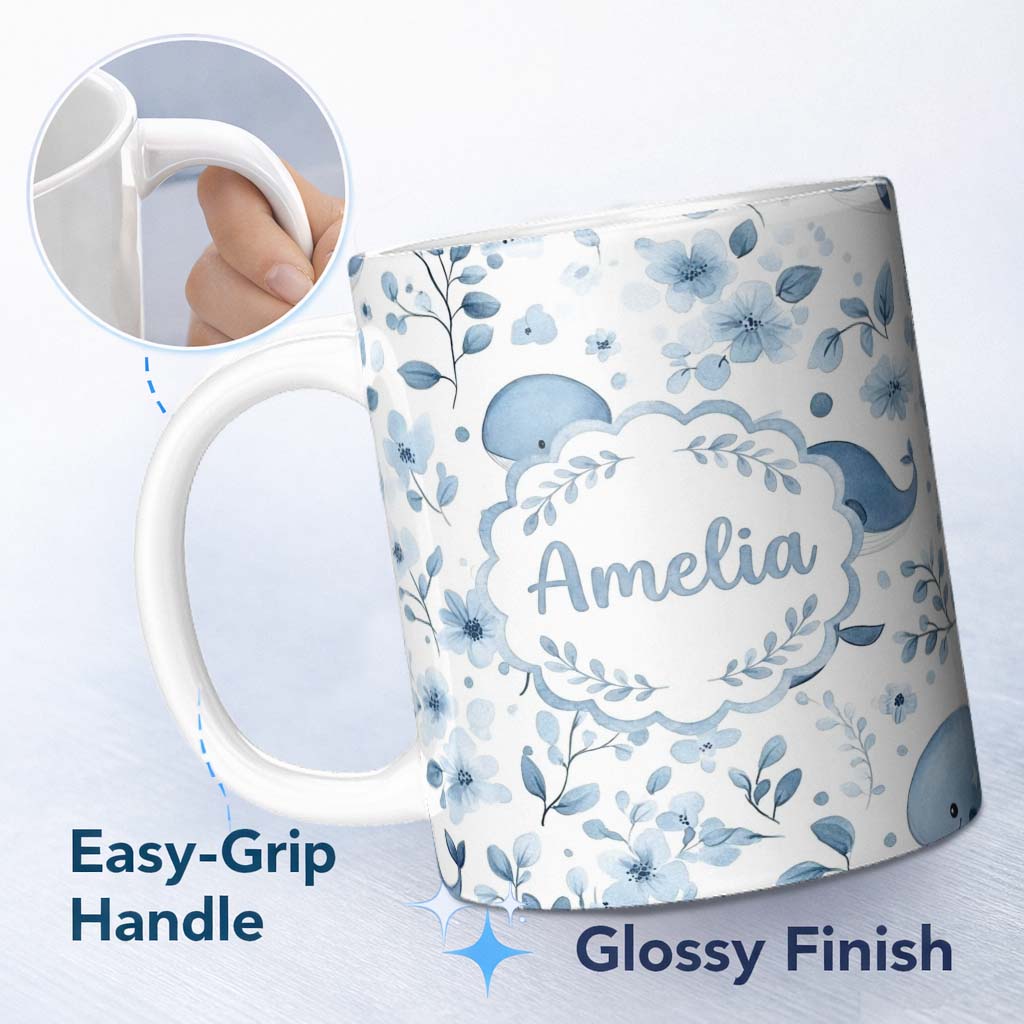 Personalized Custom Name Cute Blue Whale with Floral Background Seamless Pattern Lovely 11oz Ceramic Coffee Tea Mug White Large Handle