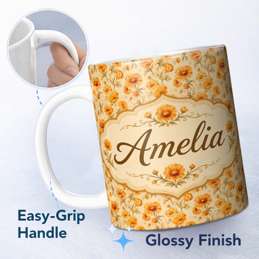 Personalized Custom Name Chrysanthemum Floral on Neutral Background with Warm Autumn Tones 11oz Ceramic Coffee Tea Mug White Large Handle