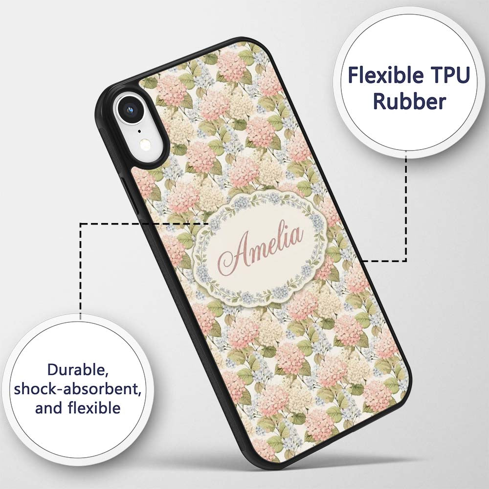 Soft Pink and Cream Hydrangea Botanical Seamless Custom Name Protective Phone Case Mobile Cover Durable Everyday Smartphone Shock Resistant