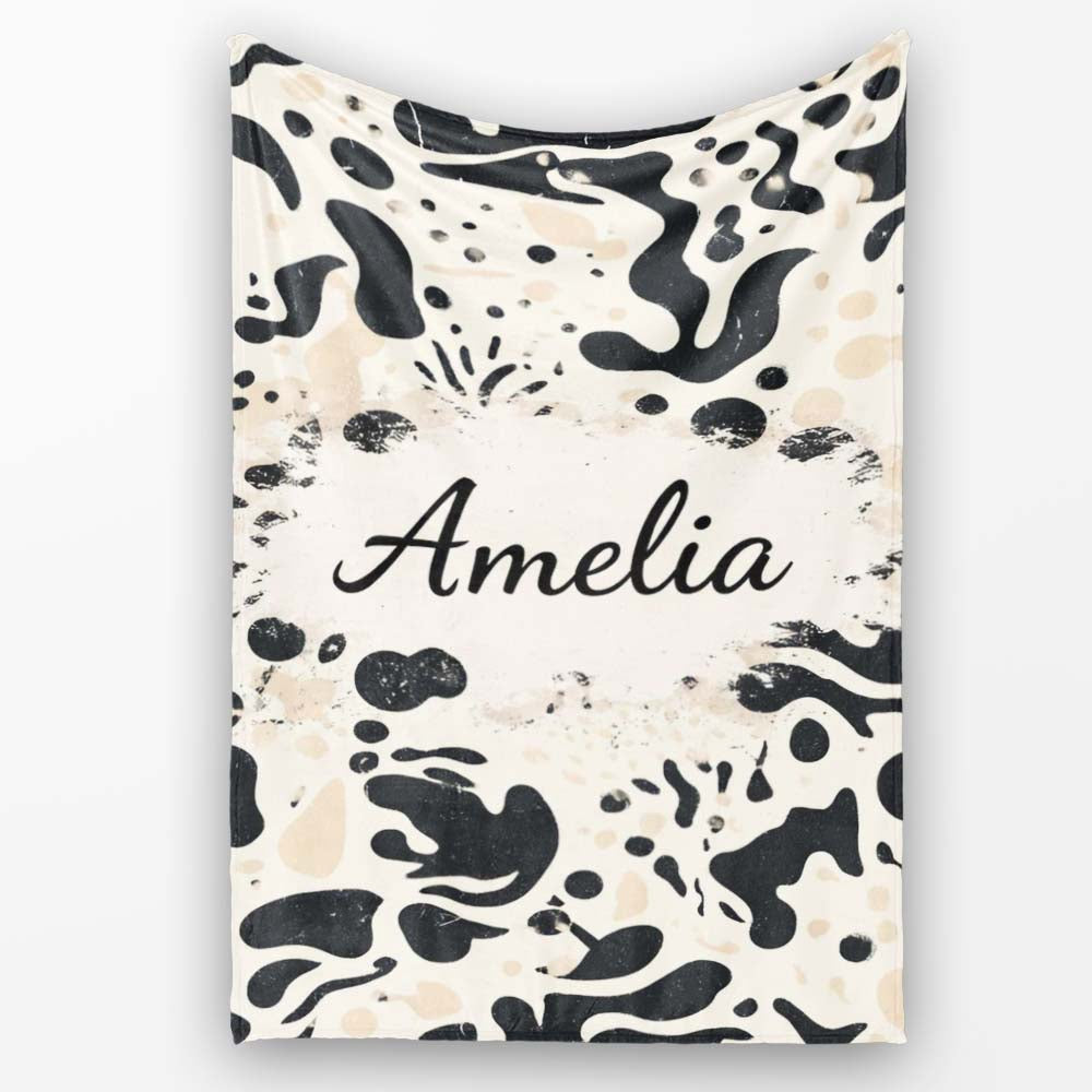 Abstract Organic Blobs Black Beige Modern Artistic Pattern Lovely Personalised Custom Name Super Soft Fleece Blanket Bed Sofa Throw