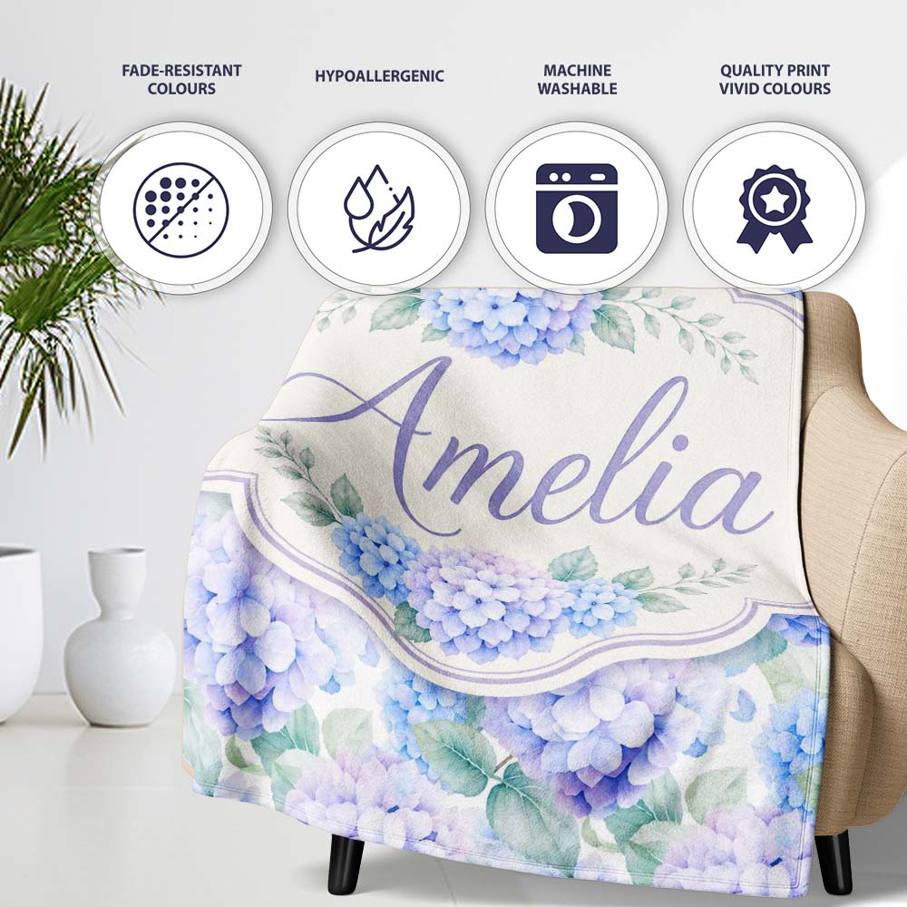 Dreamy Lavender Blue Hydrangea Floral Seamless Pattern Lovely Personalised Custom Name Super Soft Fleece Blanket Bed Sofa Throw