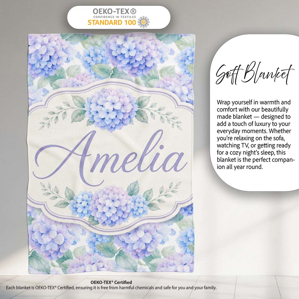 Dreamy Lavender Blue Hydrangea Floral Seamless Pattern Lovely Personalised Custom Name Super Soft Fleece Blanket Bed Sofa Throw