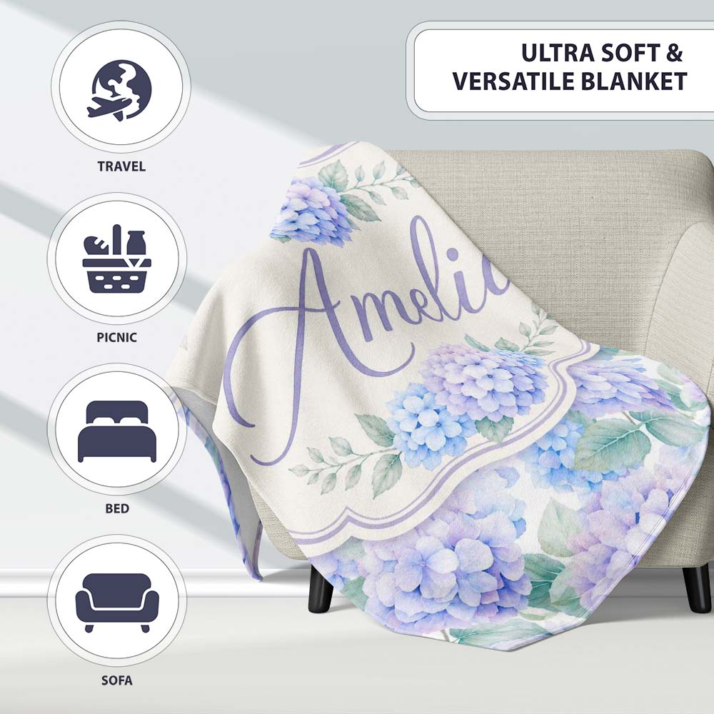 Dreamy Lavender Blue Hydrangea Floral Seamless Pattern Lovely Personalised Custom Name Super Soft Fleece Blanket Bed Sofa Throw