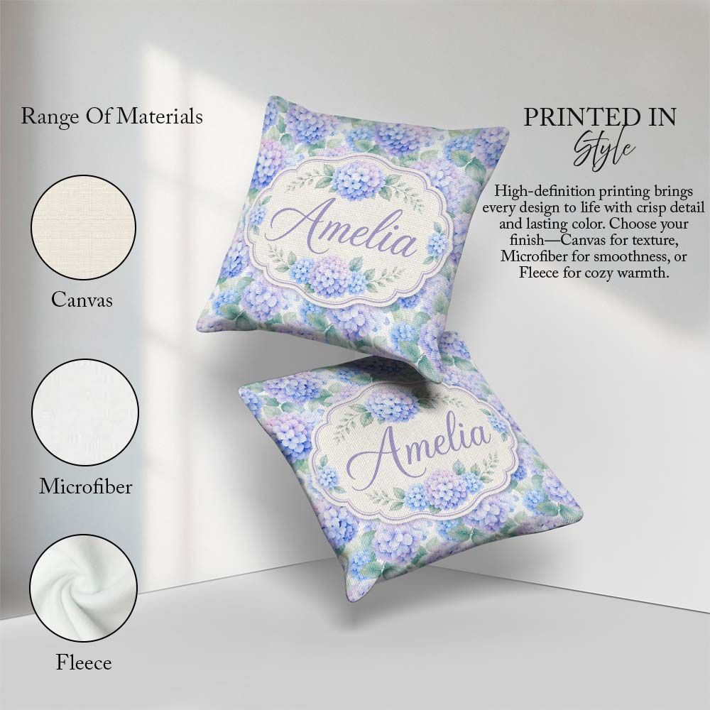 Custom Name Dreamy Lavender Blue Hydrangea Floral Pattern Lovely Square Filled Cushion Throw Pillow Sofa Bed Home Decor Zip Washable UK Made