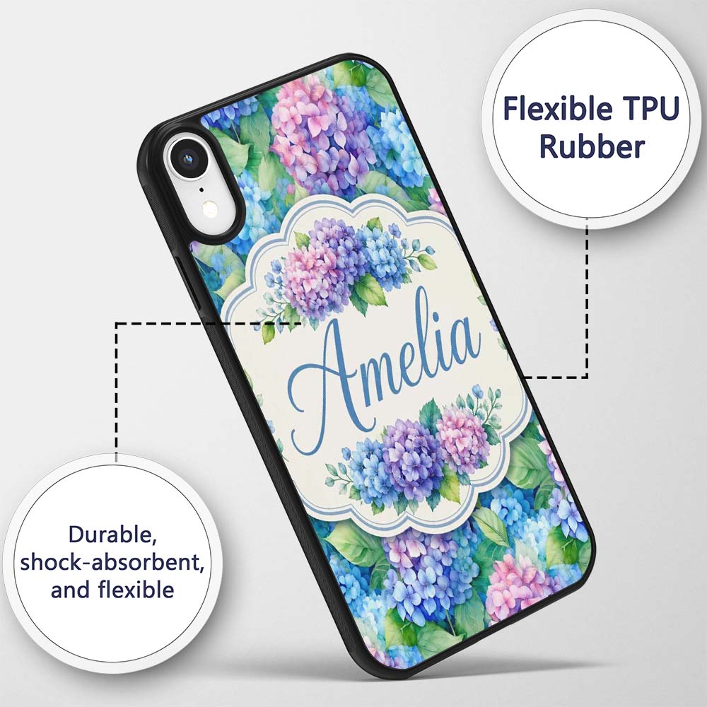 Vibrant Blue Pink Hydrangea Garden Printed Design Custom Name Protective Phone Case Mobile Cover Durable Everyday Smartphone Shock Resistant