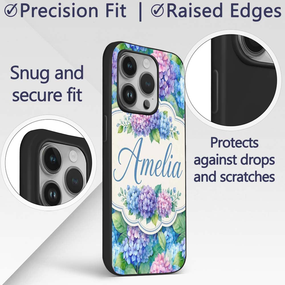 Vibrant Blue Pink Hydrangea Garden Printed Design Custom Name Protective Phone Case Mobile Cover Durable Everyday Smartphone Shock Resistant
