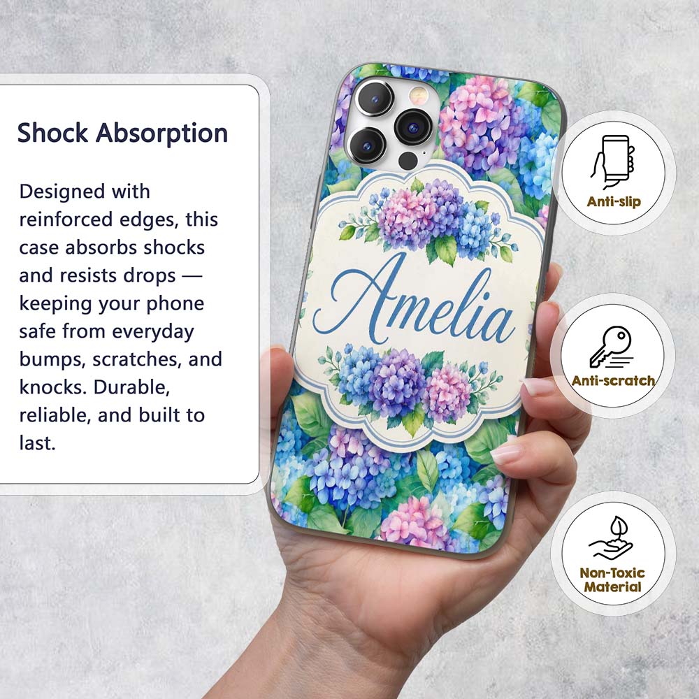Vibrant Blue Pink Hydrangea Garden Printed Design Custom Name Protective Phone Case Mobile Cover Durable Everyday Smartphone Shock Resistant