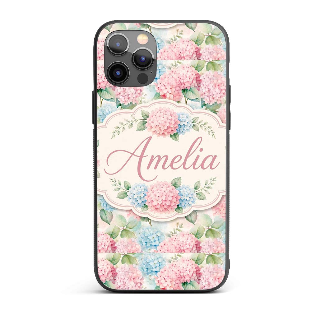 Delicate Pastel Pink and Blue Hydrangea Floral Custom Name Protective Phone Case Mobile Cover Durable Everyday Smartphone Shock Resistant