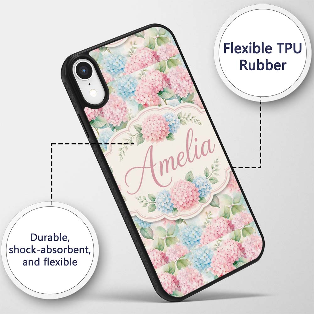 Delicate Pastel Pink and Blue Hydrangea Floral Custom Name Protective Phone Case Mobile Cover Durable Everyday Smartphone Shock Resistant