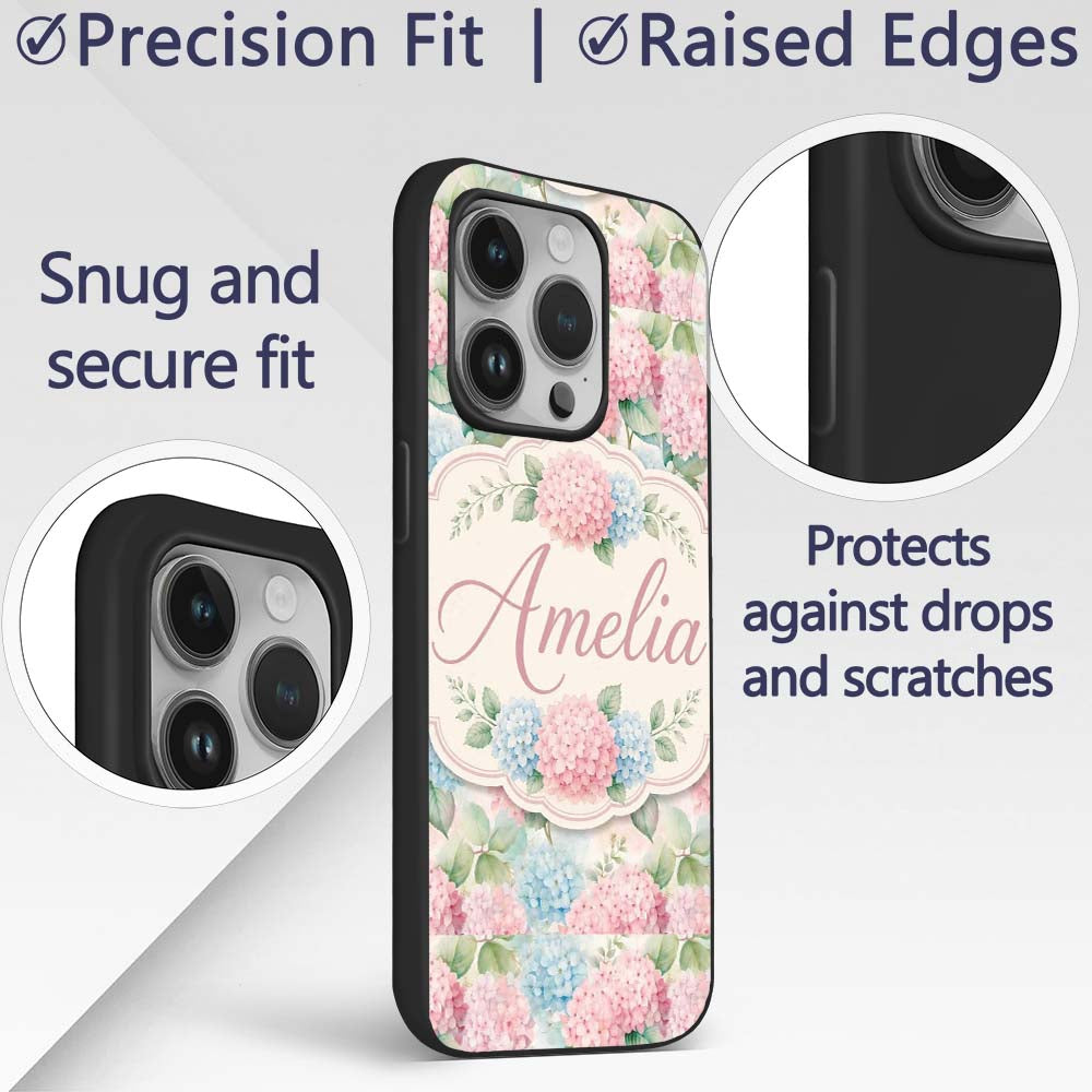 Delicate Pastel Pink and Blue Hydrangea Floral Custom Name Protective Phone Case Mobile Cover Durable Everyday Smartphone Shock Resistant