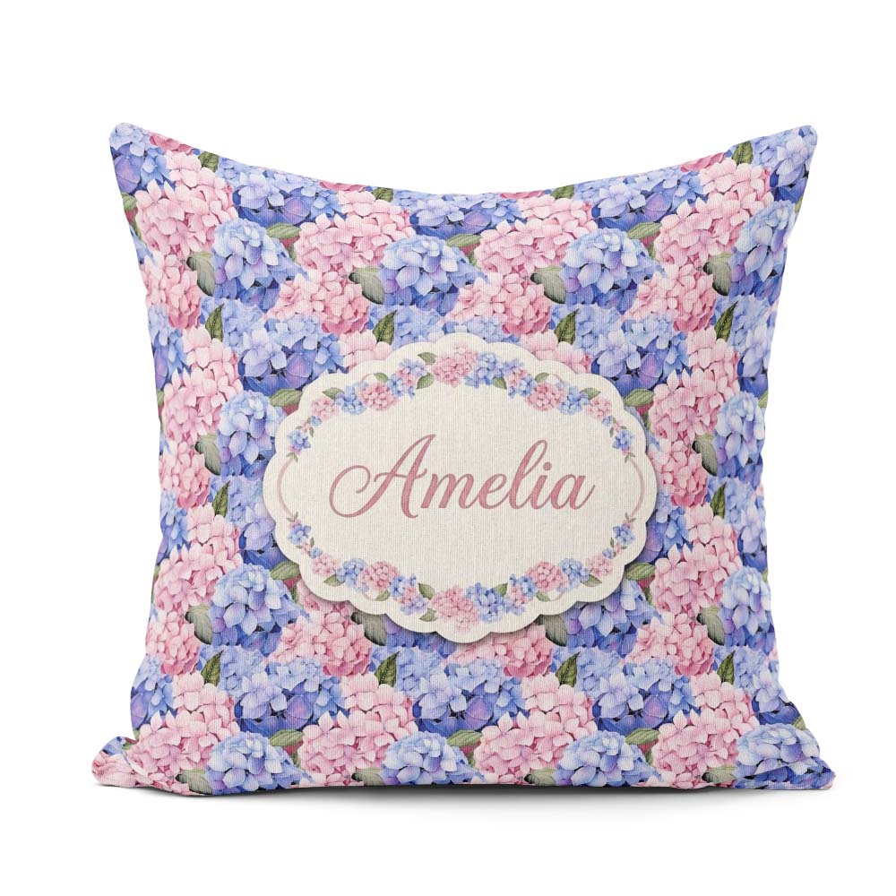 Custom Name Bold Pink and Blue Hydrangea Blossom Seamless Lovely Square Filled Cushion Throw Pillow Sofa Bed Home Decor Zip Washable UK Made