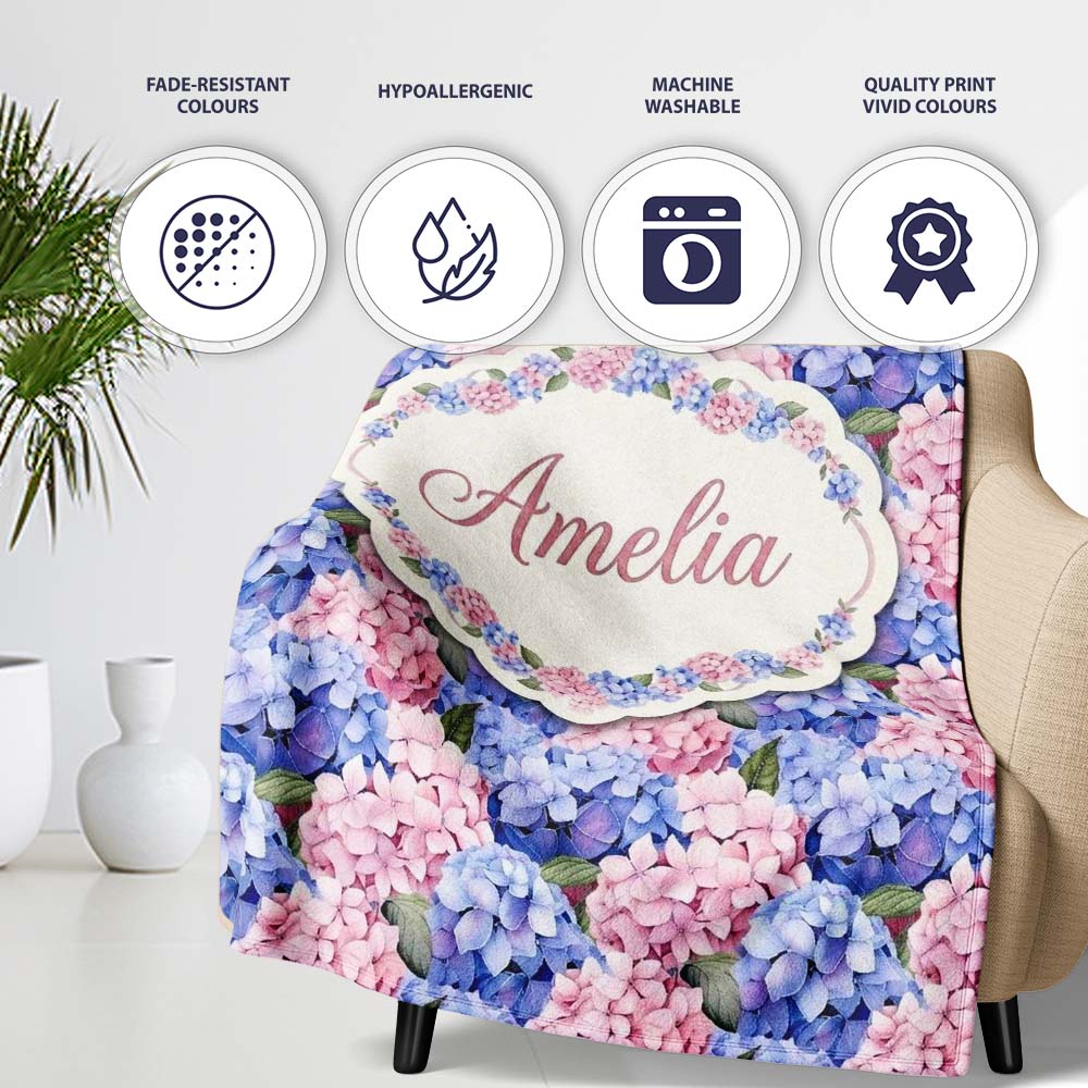 Bold Pink and Blue Hydrangea Blossom Seamless Pattern Lovely Personalised Custom Name Super Soft Fleece Blanket Bed Sofa Throw