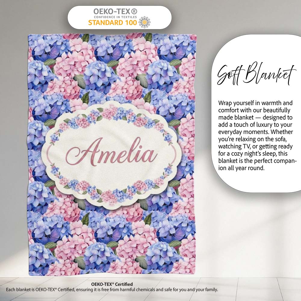 Bold Pink and Blue Hydrangea Blossom Seamless Pattern Lovely Personalised Custom Name Super Soft Fleece Blanket Bed Sofa Throw