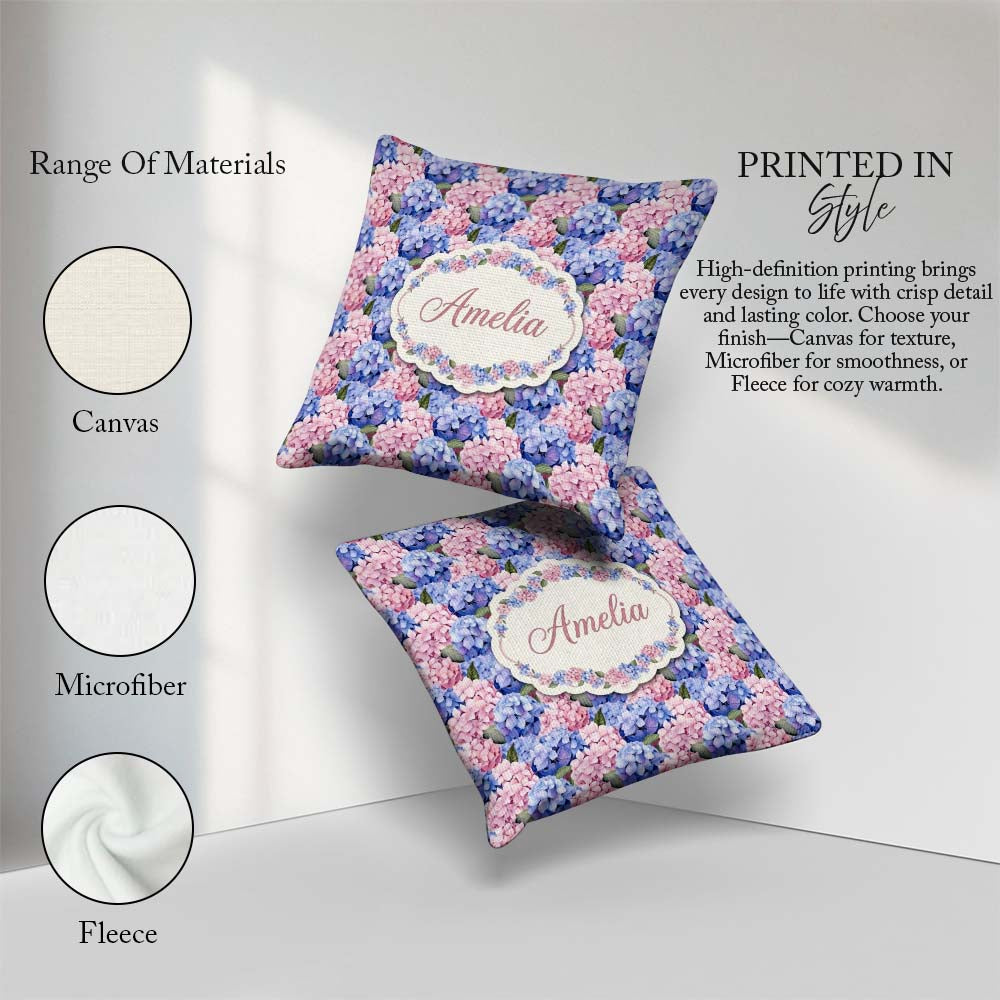 Custom Name Bold Pink and Blue Hydrangea Blossom Seamless Lovely Square Filled Cushion Throw Pillow Sofa Bed Home Decor Zip Washable UK Made