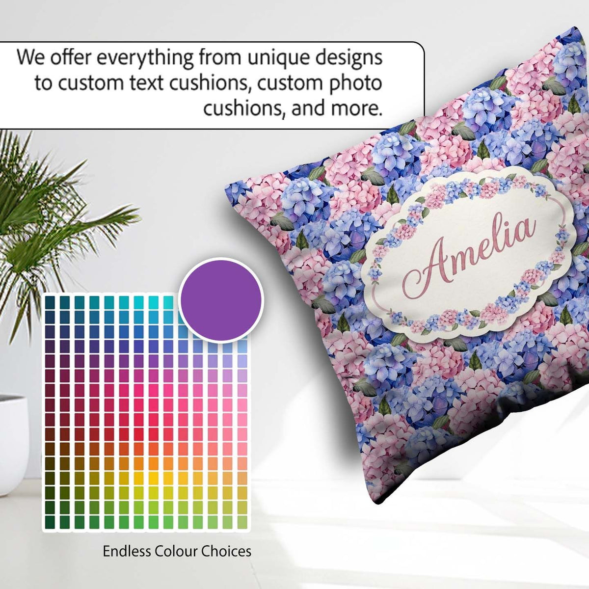 Custom Name Bold Pink and Blue Hydrangea Blossom Seamless Lovely Square Filled Cushion Throw Pillow Sofa Bed Home Decor Zip Washable UK Made