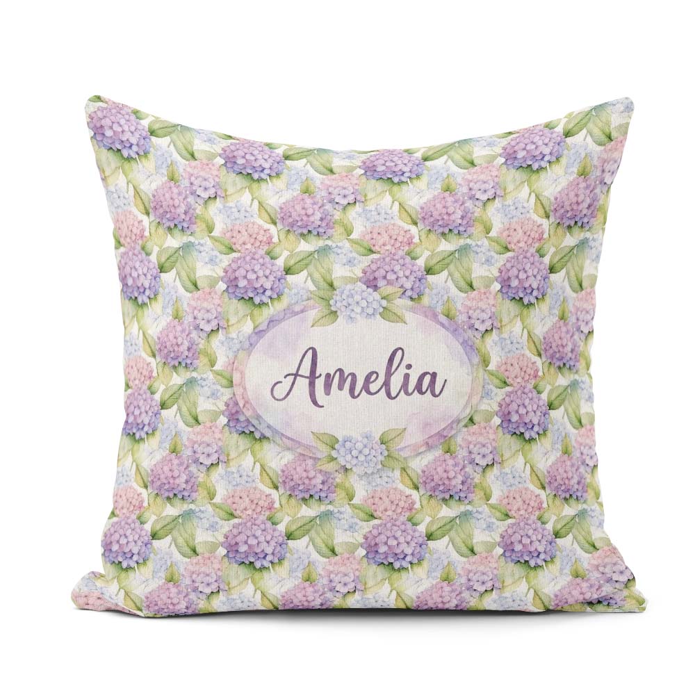 Custom Name Soft Pastel Purple Hydrangea Floral Seamless Pattern Square Filled Cushion Throw Pillow Sofa Bed Home Decor Zip Washable UK Made