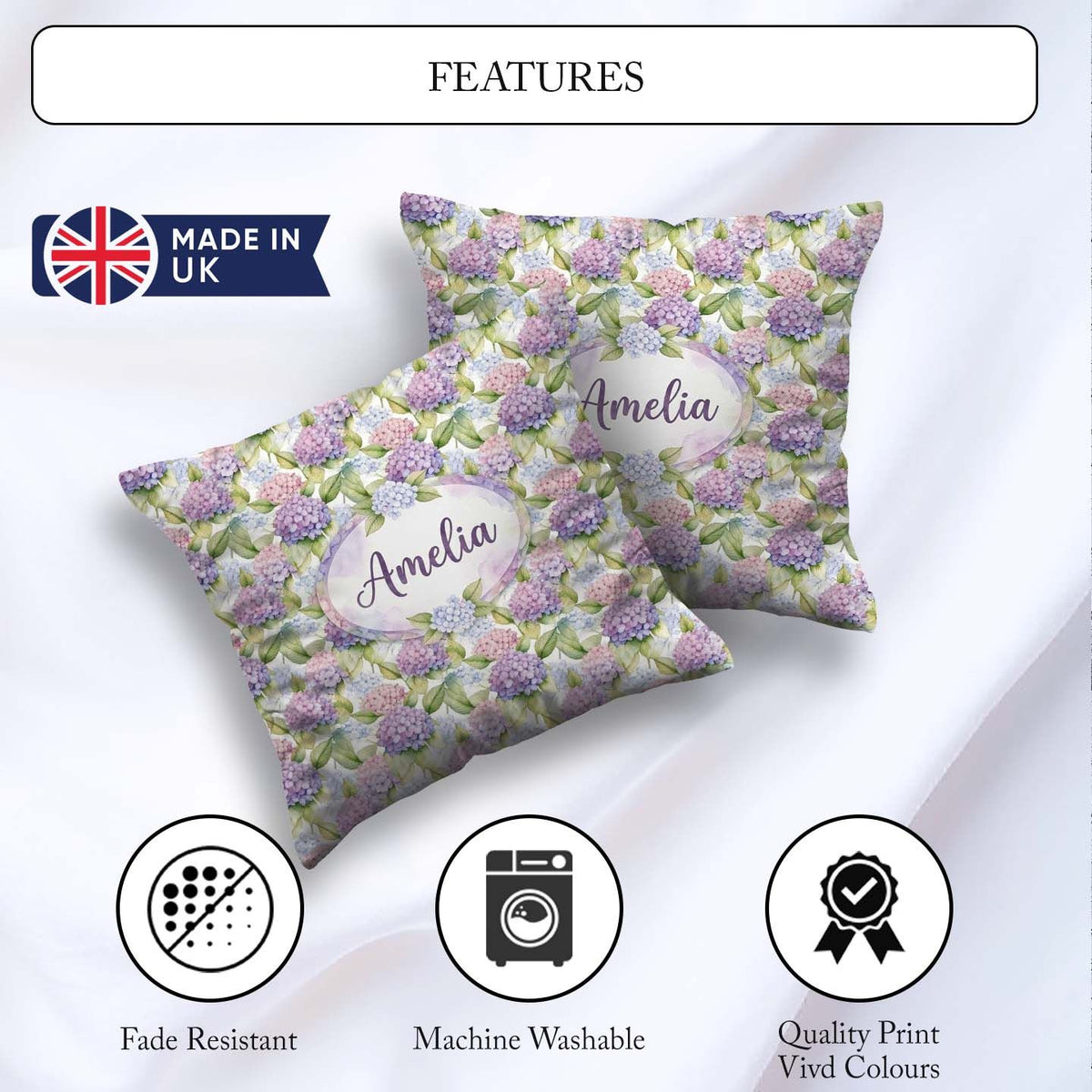 Custom Name Soft Pastel Purple Hydrangea Floral Seamless Pattern Square Filled Cushion Throw Pillow Sofa Bed Home Decor Zip Washable UK Made
