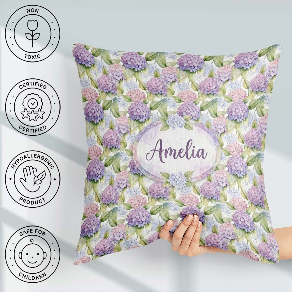 Custom Name Soft Pastel Purple Hydrangea Floral Seamless Pattern Square Filled Cushion Throw Pillow Sofa Bed Home Decor Zip Washable UK Made