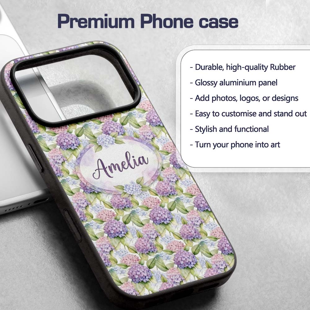 Soft Pastel Purple Pink Hydrangea Floral Seamless Custom Name Protective Phone Case Mobile Cover Durable Everyday Smartphone Shock Resistant