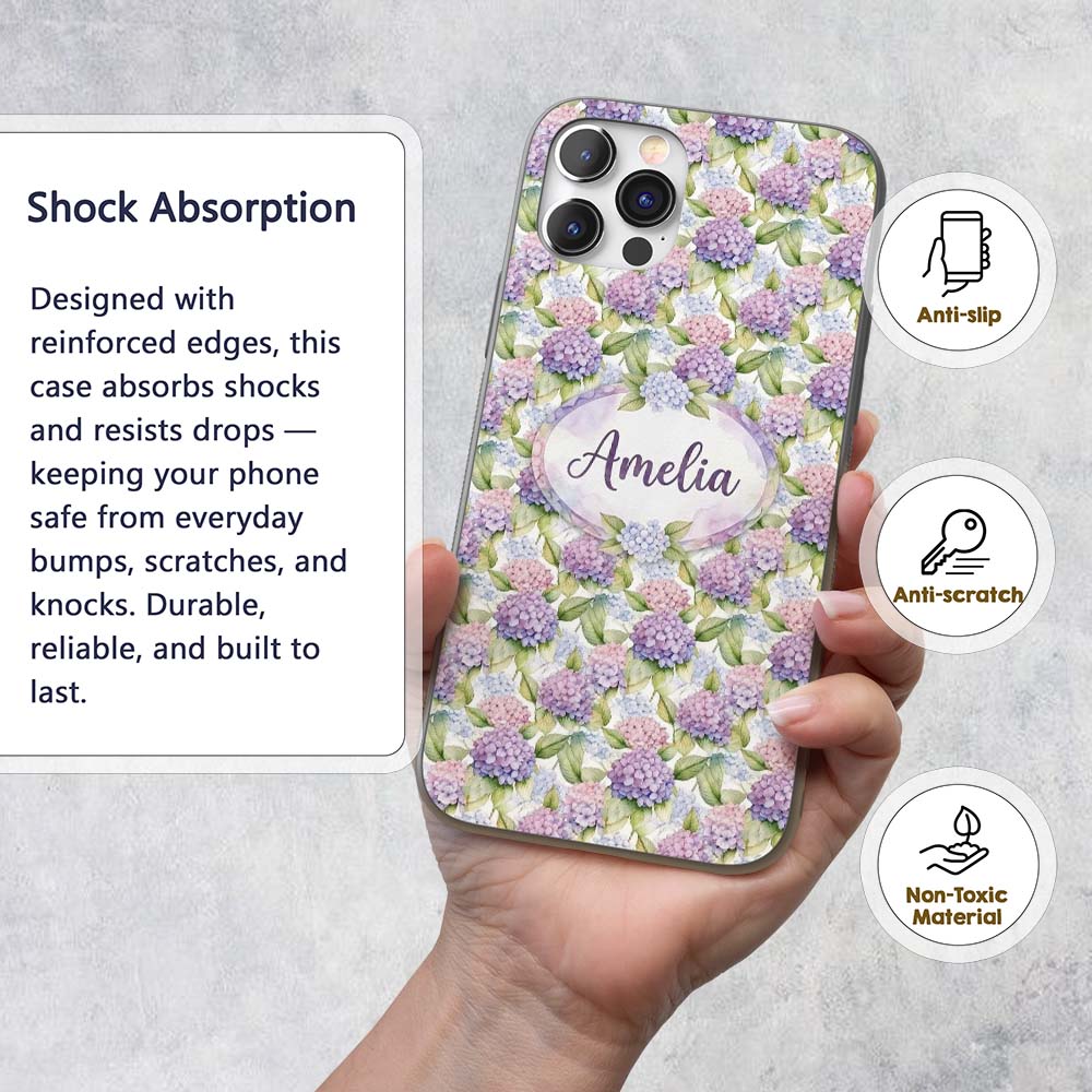 Soft Pastel Purple Pink Hydrangea Floral Seamless Custom Name Protective Phone Case Mobile Cover Durable Everyday Smartphone Shock Resistant