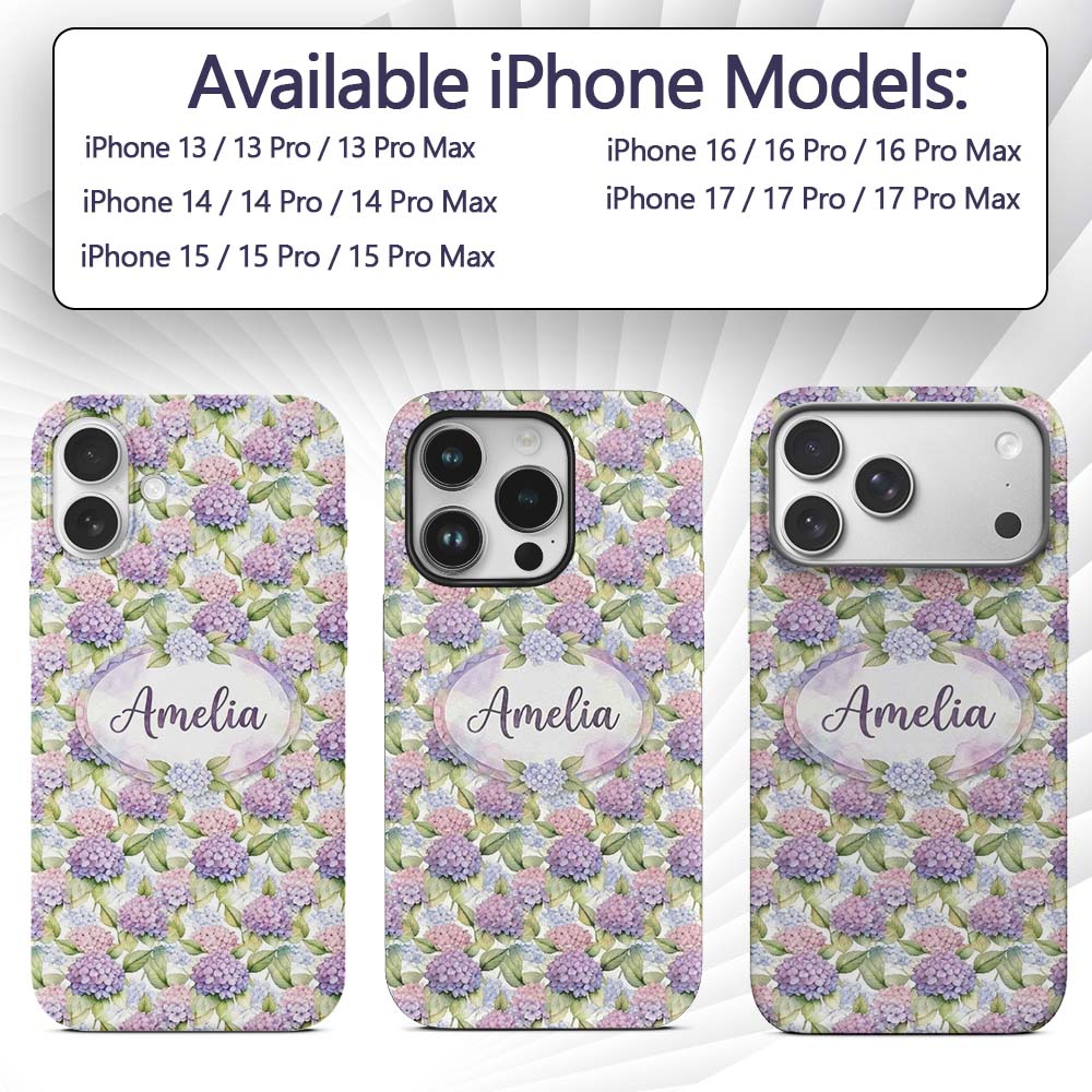 Soft Pastel Purple Pink Hydrangea Floral Seamless Custom Name Protective Phone Case Mobile Cover Durable Everyday Smartphone Shock Resistant