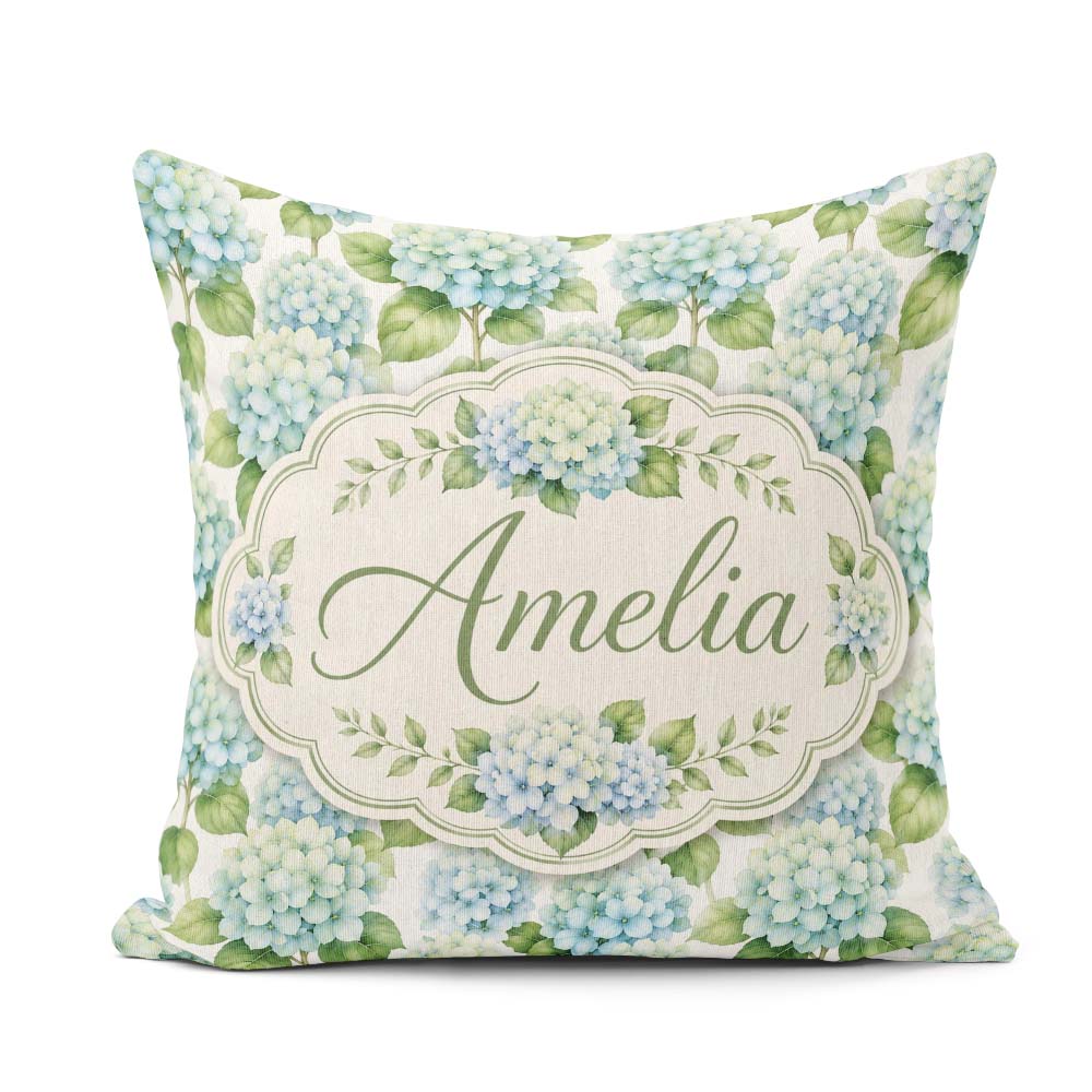 Custom Name Soft Aqua Blue Hydrangea Floral Seamless Pattern Square Filled Cushion Throw Pillow Sofa Bed Home Decor Zip Washable UK Made