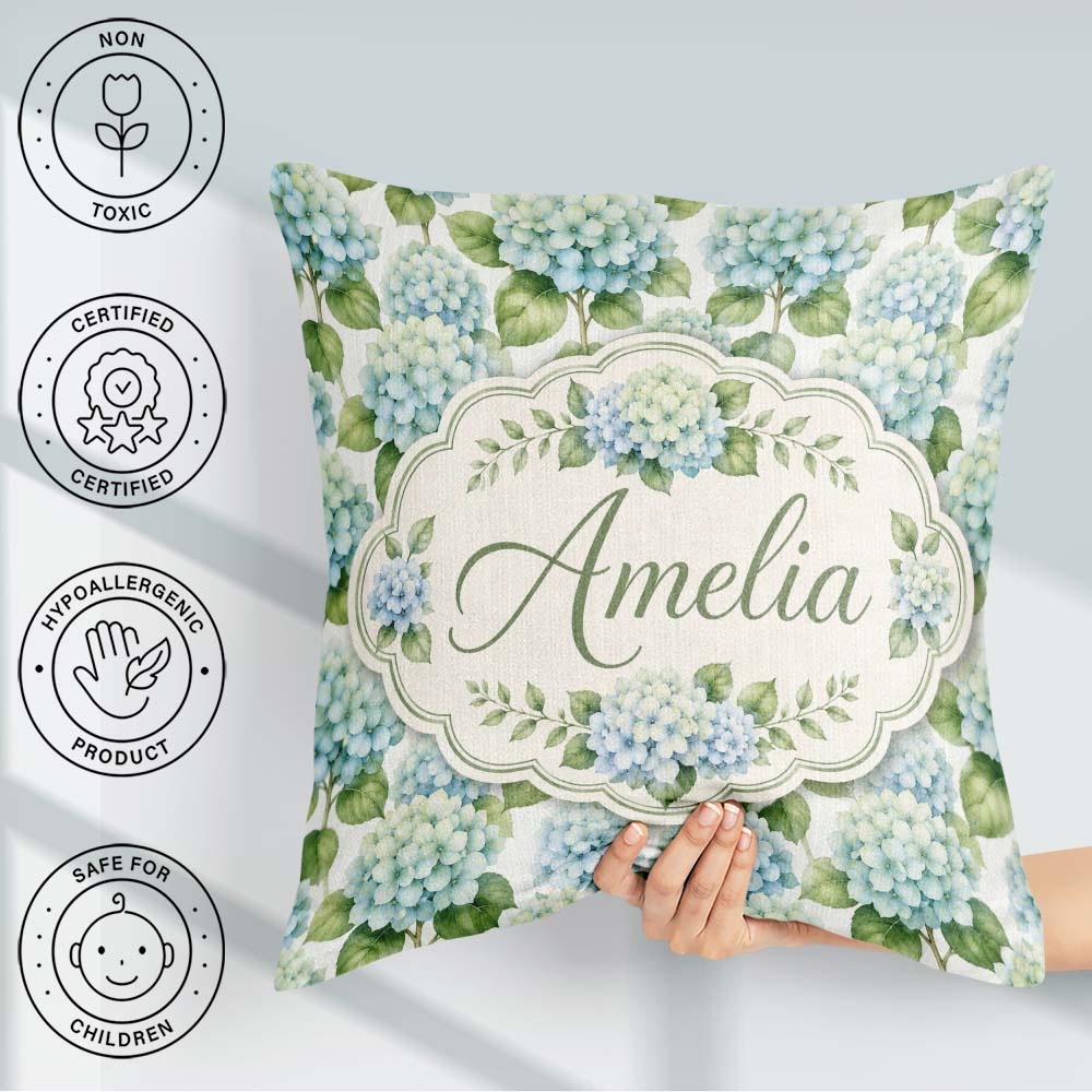 Custom Name Soft Aqua Blue Hydrangea Floral Seamless Pattern Square Filled Cushion Throw Pillow Sofa Bed Home Decor Zip Washable UK Made