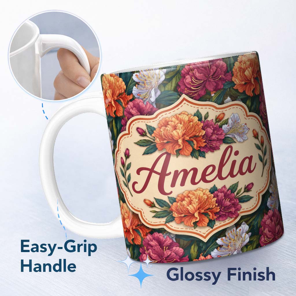 Personalized Custom Name Orange Purple and White Floral Botanical Seamless Pattern Lovely 11oz Ceramic Coffee Tea Mug White Large Handle