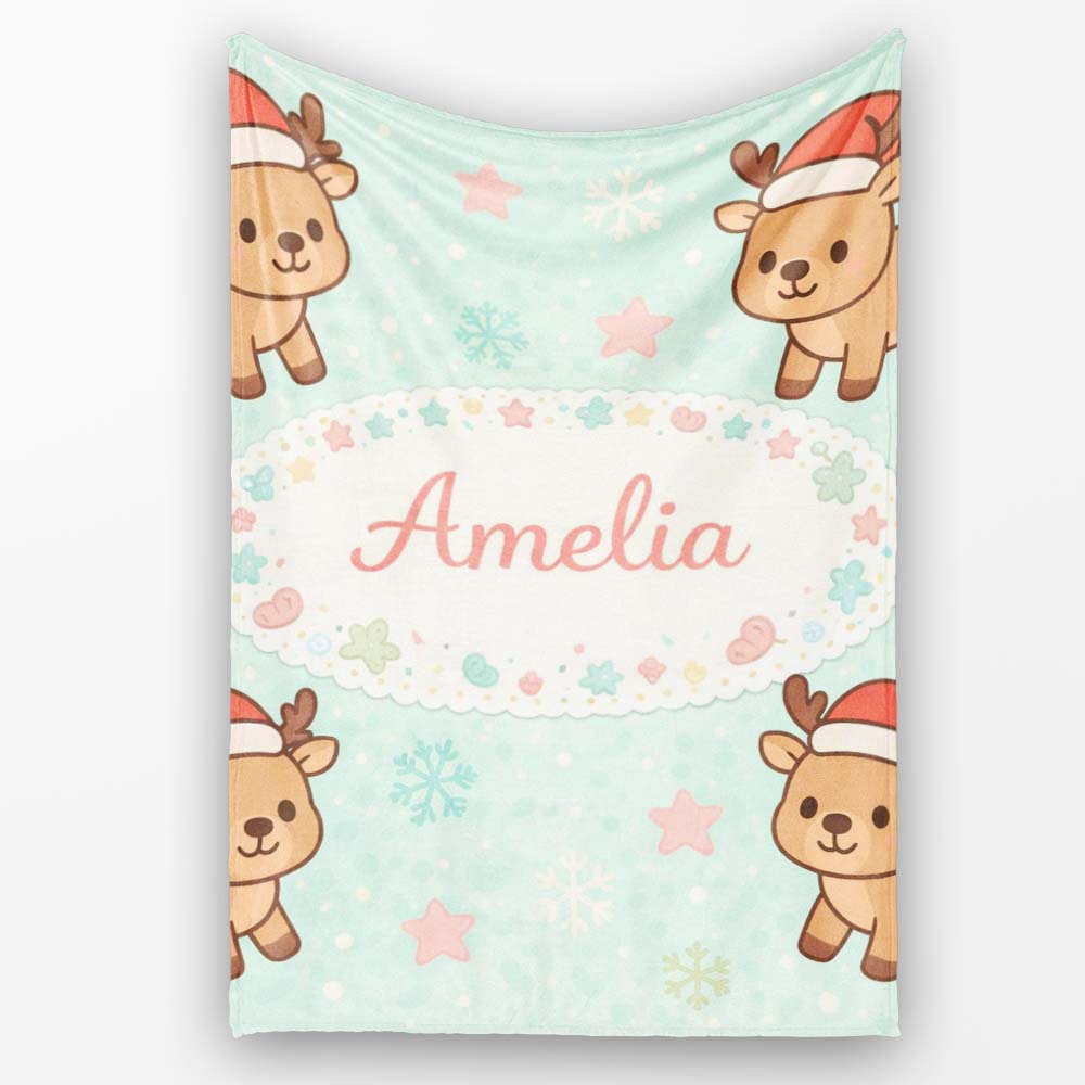 Cute Christmas Reindeer Cartoon Animal Pattern Perfect Gift for Her Personalised Custom Name Super Soft Fleece Blanket Bed Sofa Throw
