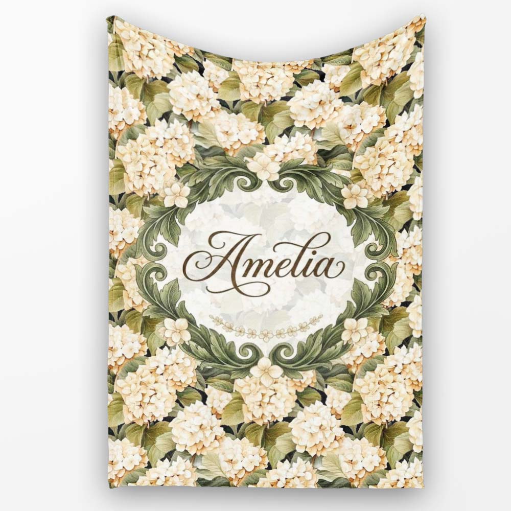 Warm Beige Cream Hydrangea Floral Seamless Pattern Cute Unique Gift Personalised Custom Name Super Soft Fleece Blanket Bed Sofa Throw