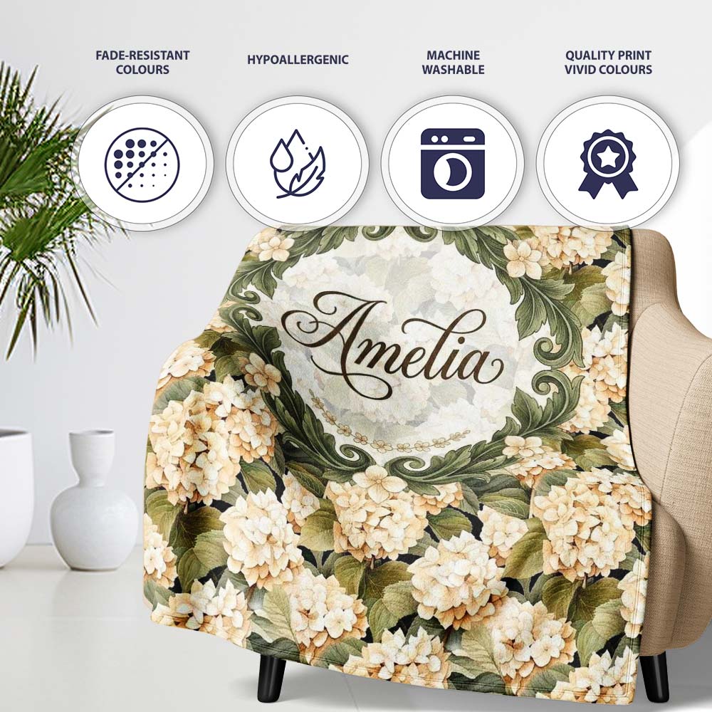 Warm Beige Cream Hydrangea Floral Seamless Pattern Cute Unique Gift Personalised Custom Name Super Soft Fleece Blanket Bed Sofa Throw