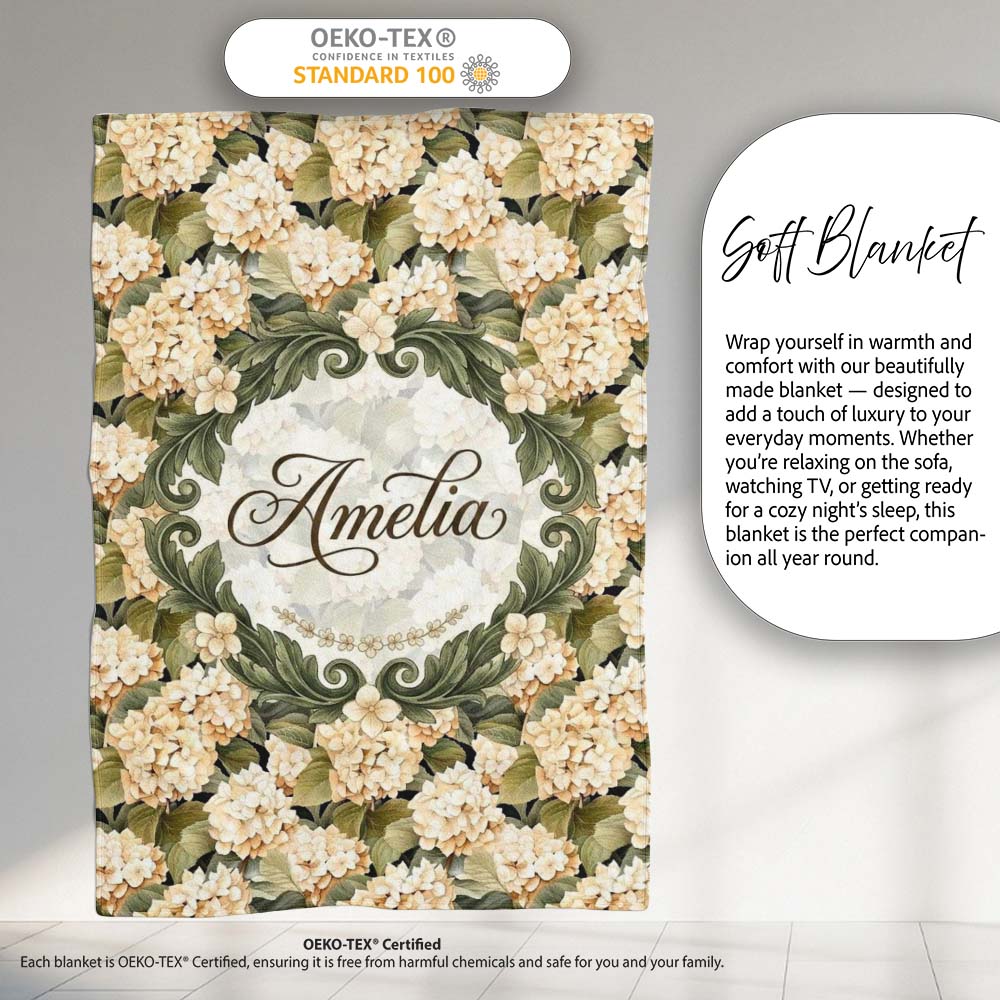 Warm Beige Cream Hydrangea Floral Seamless Pattern Cute Unique Gift Personalised Custom Name Super Soft Fleece Blanket Bed Sofa Throw