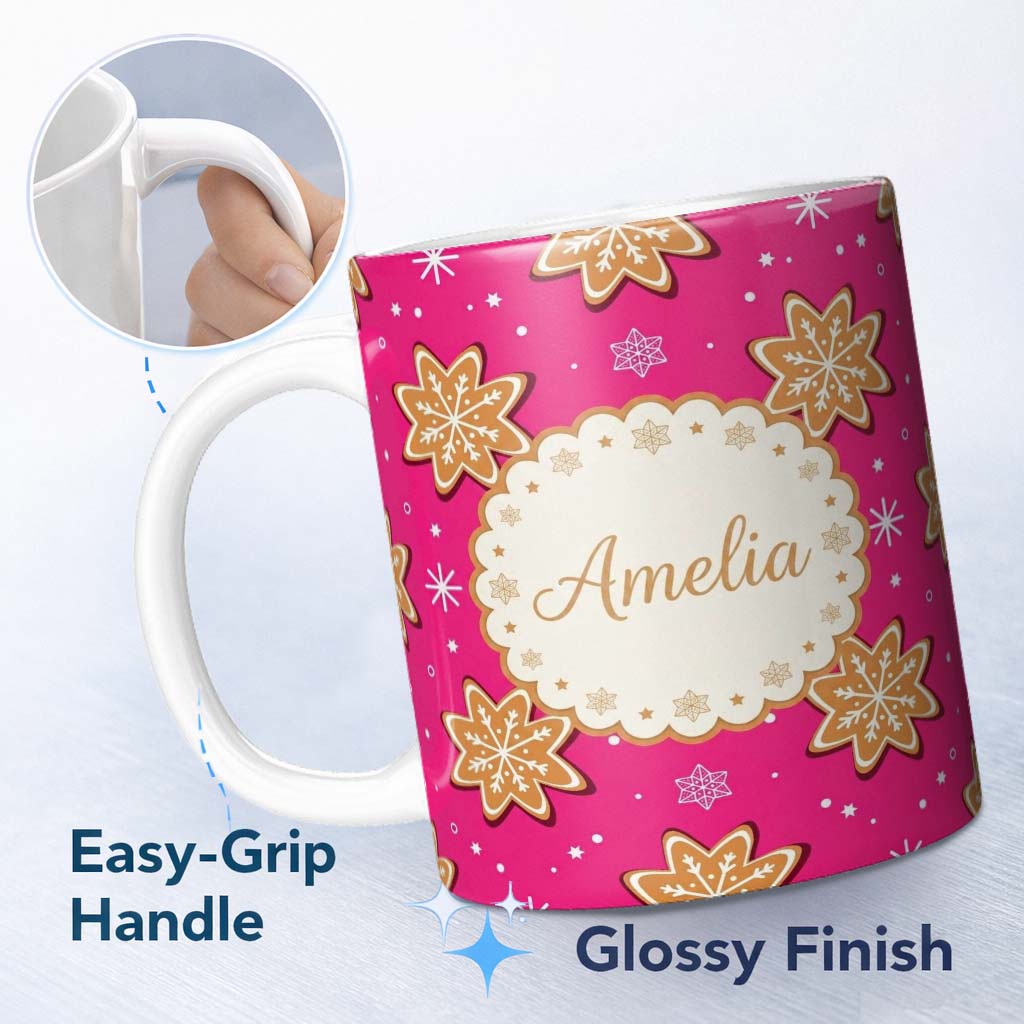 Personalized Custom Name Gingerbread Snowflake Cookie Pink Festive Seamless Pattern Lovely 11oz Ceramic Coffee Tea Mug White Large Handle