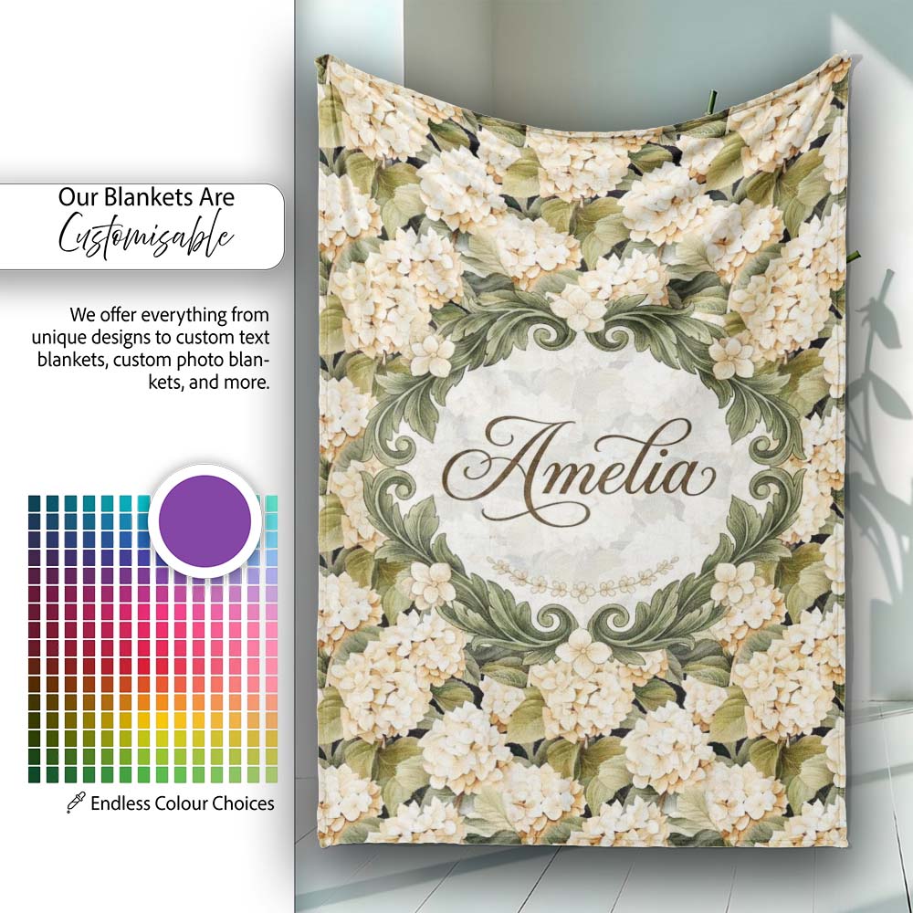 Warm Beige Cream Hydrangea Floral Seamless Pattern Cute Unique Gift Personalised Custom Name Super Soft Fleece Blanket Bed Sofa Throw