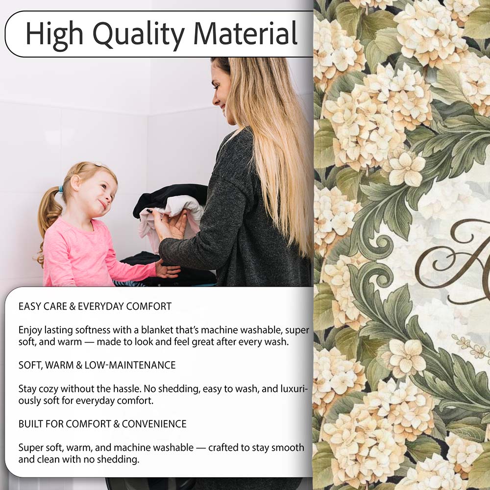 Warm Beige Cream Hydrangea Floral Seamless Pattern Cute Unique Gift Personalised Custom Name Super Soft Fleece Blanket Bed Sofa Throw