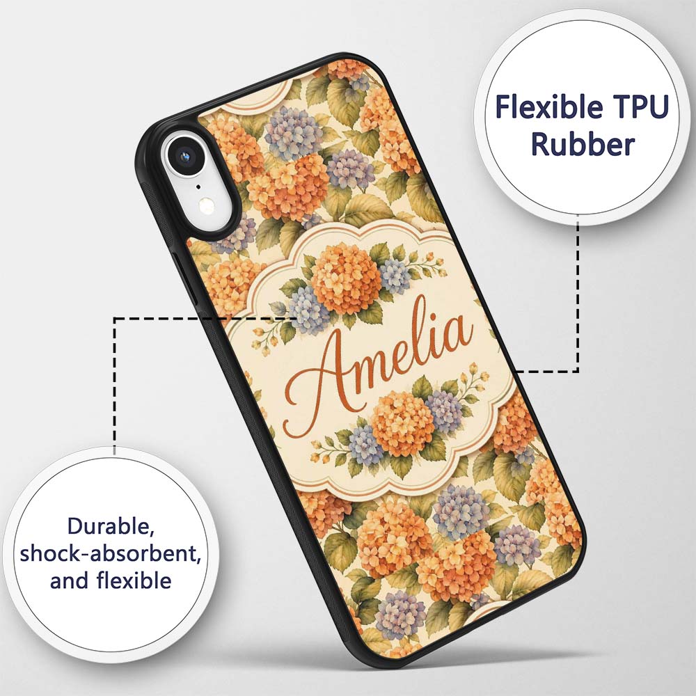 Orange and Blue Hydrangea Vintage Floral Seamless Custom Name Protective Phone Case Mobile Cover Durable Everyday Smartphone Shock Resistant