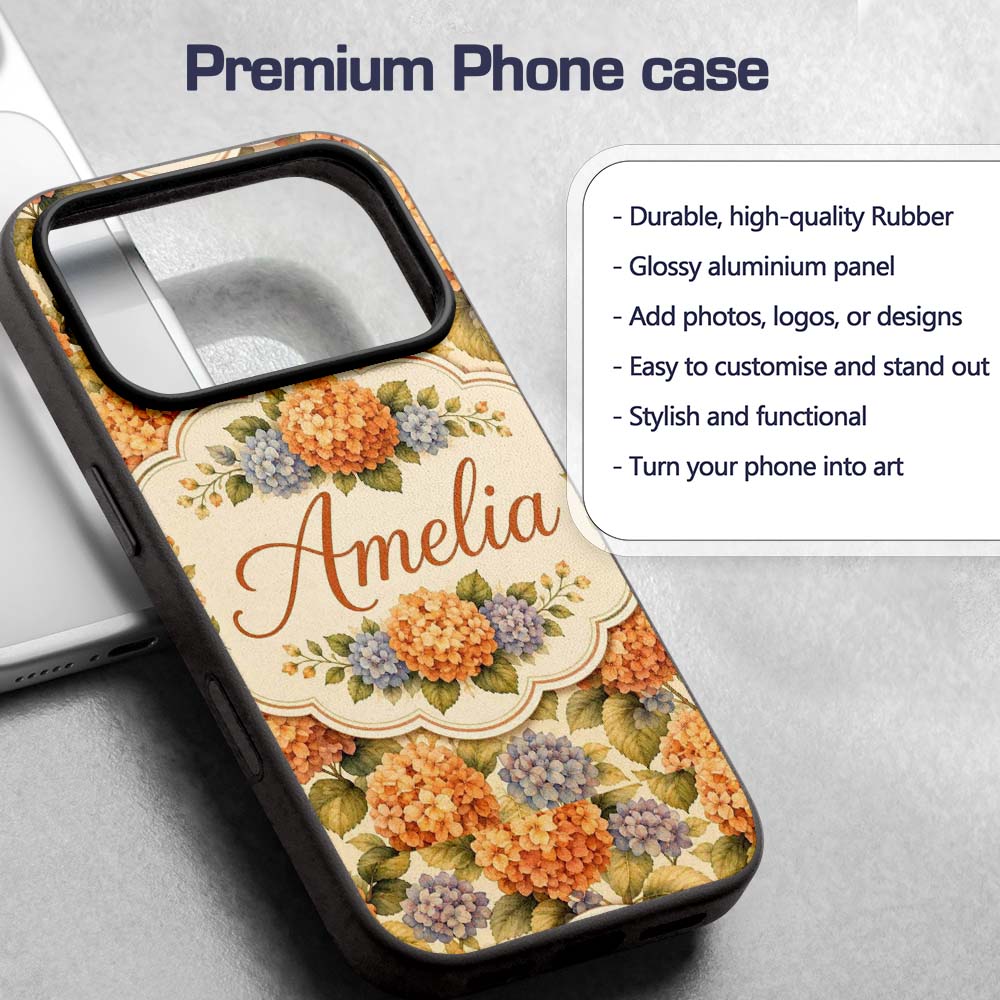 Orange and Blue Hydrangea Vintage Floral Seamless Custom Name Protective Phone Case Mobile Cover Durable Everyday Smartphone Shock Resistant