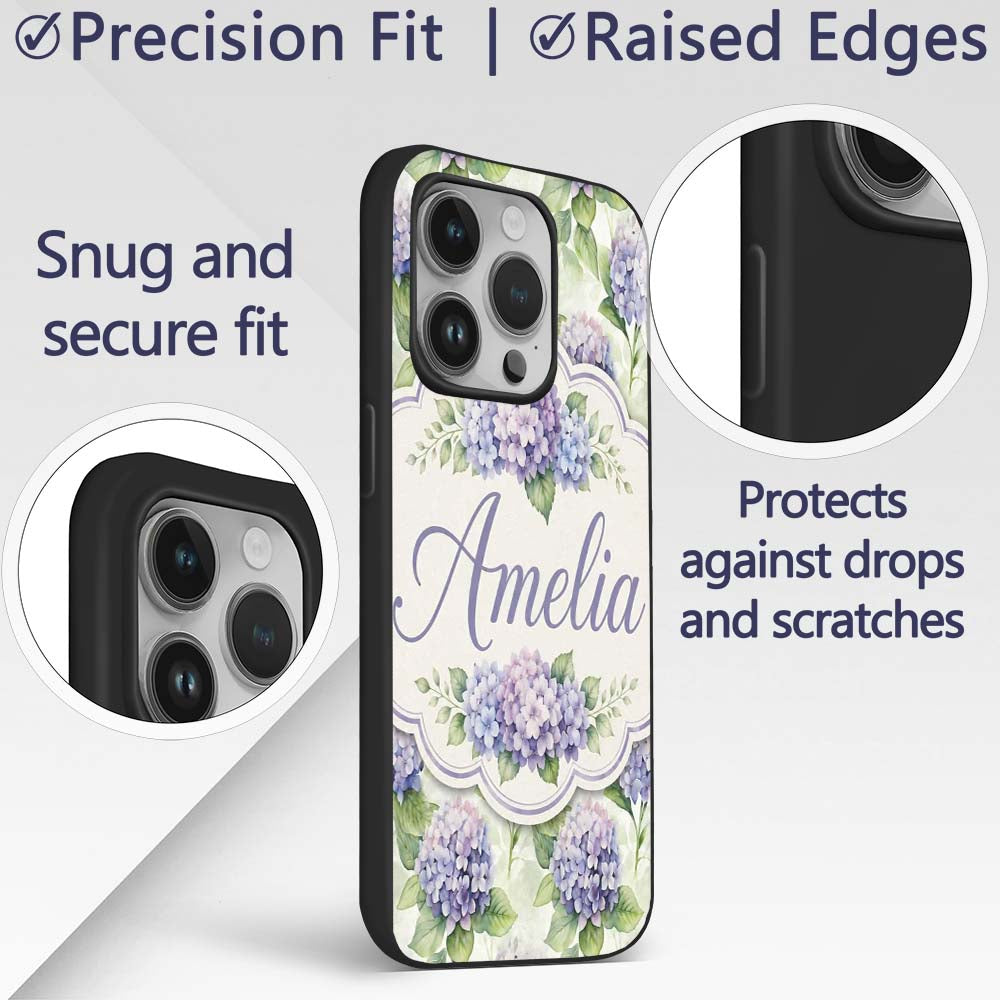 Soft Purple Hydrangea Watercolor Floral Seamless Custom Name Protective Phone Case Mobile Cover Durable Everyday Smartphone Shock Resistant