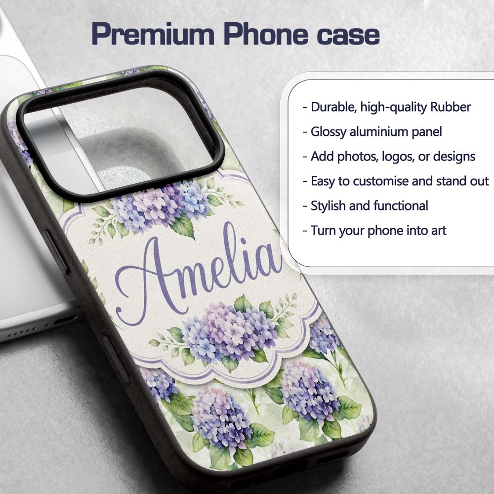 Soft Purple Hydrangea Watercolor Floral Seamless Custom Name Protective Phone Case Mobile Cover Durable Everyday Smartphone Shock Resistant