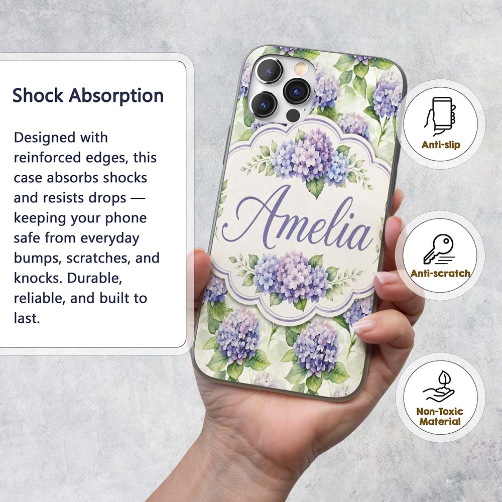 Soft Purple Hydrangea Watercolor Floral Seamless Custom Name Protective Phone Case Mobile Cover Durable Everyday Smartphone Shock Resistant