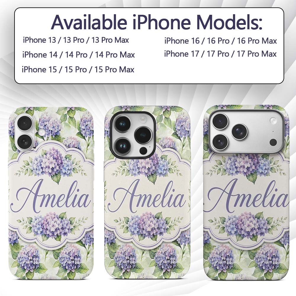 Soft Purple Hydrangea Watercolor Floral Seamless Custom Name Protective Phone Case Mobile Cover Durable Everyday Smartphone Shock Resistant