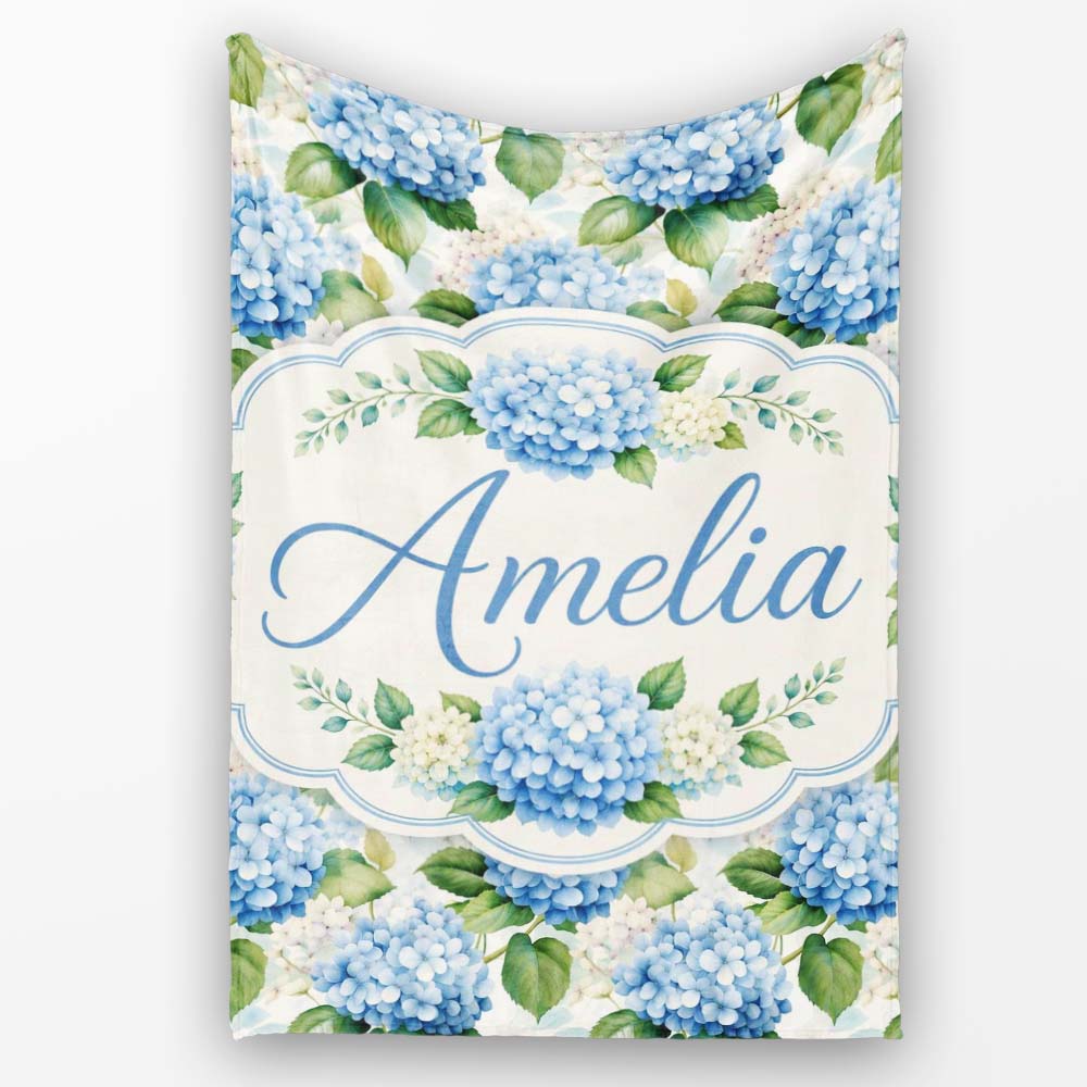 Classic Blue Hydrangea Garden Floral Seamless Pattern Lovely Personalised Custom Name Super Soft Fleece Blanket Bed Sofa Throw