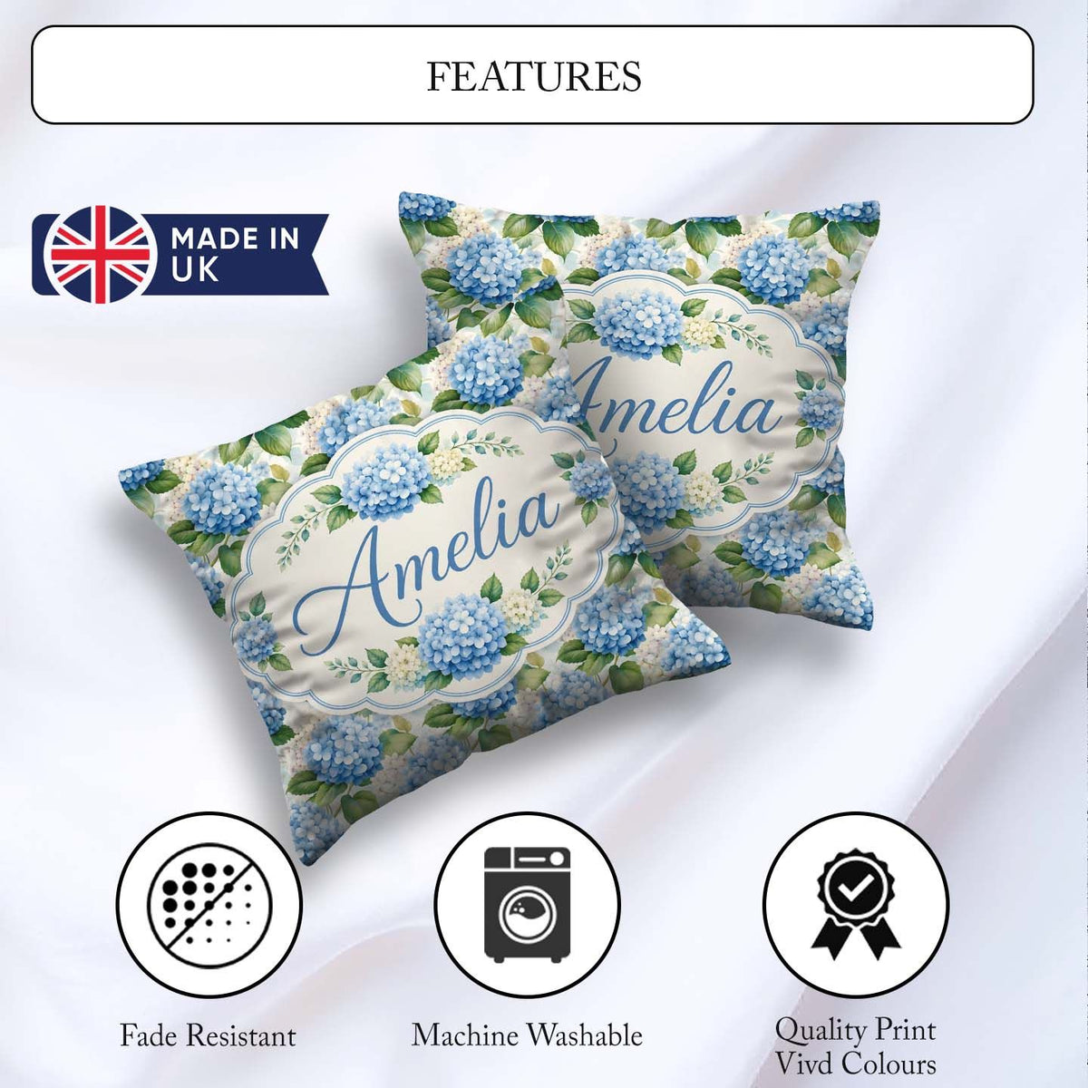 Custom Name Classic Blue Hydrangea Garden Floral Seamless Lovely Square Filled Cushion Throw Pillow Sofa Bed Home Decor Zip Washable UK Made