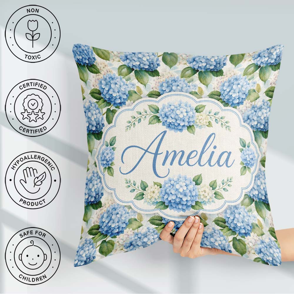 Custom Name Classic Blue Hydrangea Garden Floral Seamless Lovely Square Filled Cushion Throw Pillow Sofa Bed Home Decor Zip Washable UK Made