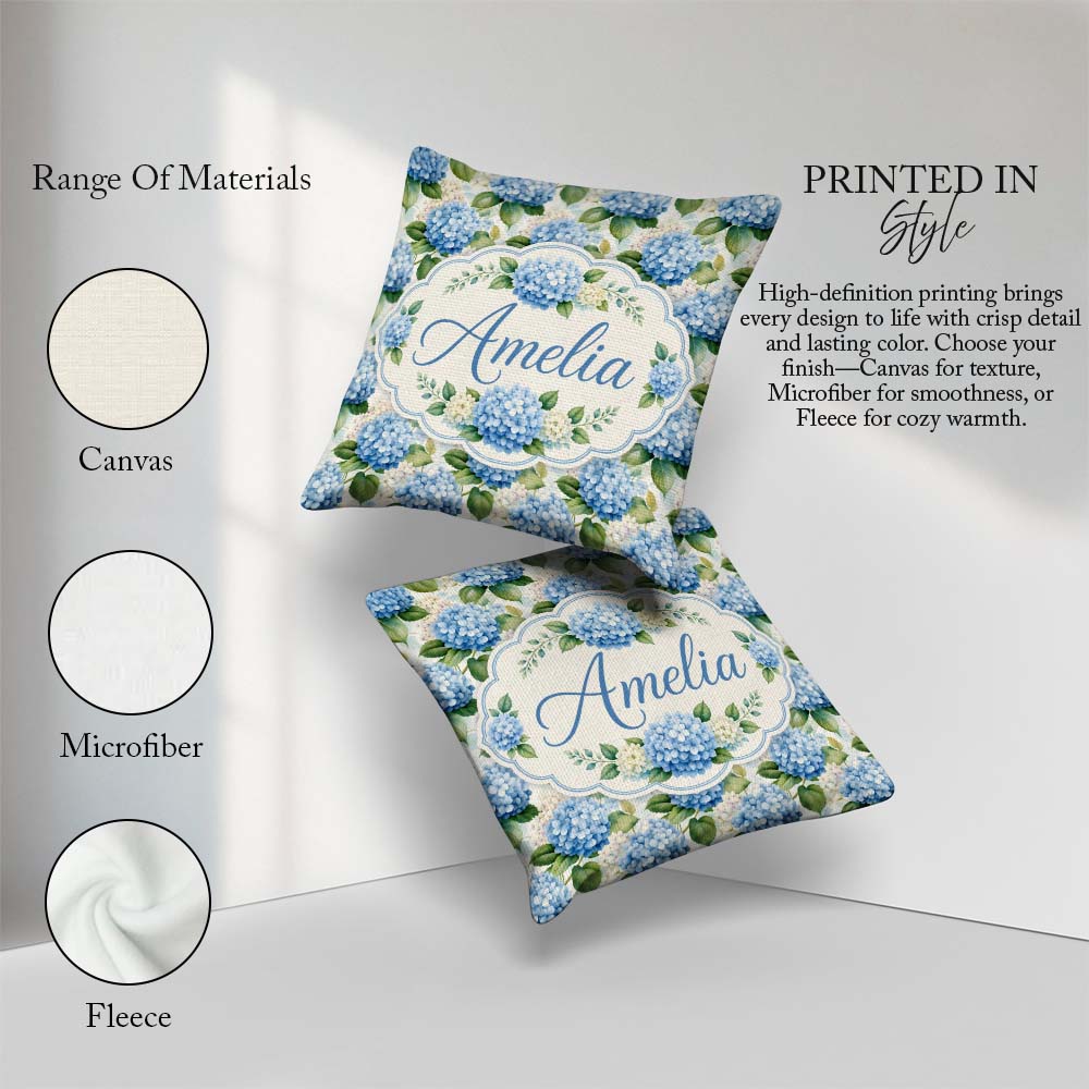 Custom Name Classic Blue Hydrangea Garden Floral Seamless Lovely Square Filled Cushion Throw Pillow Sofa Bed Home Decor Zip Washable UK Made