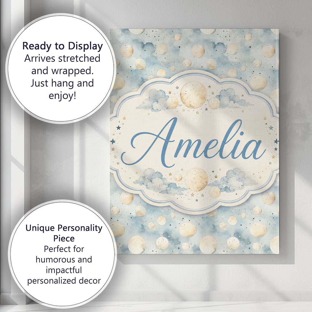 Personalised Name Soft Beige Moon and Cloud Custom Bespoke Interior Contemporary Canvas Wall Art Print Decor Picture Ready to Hang