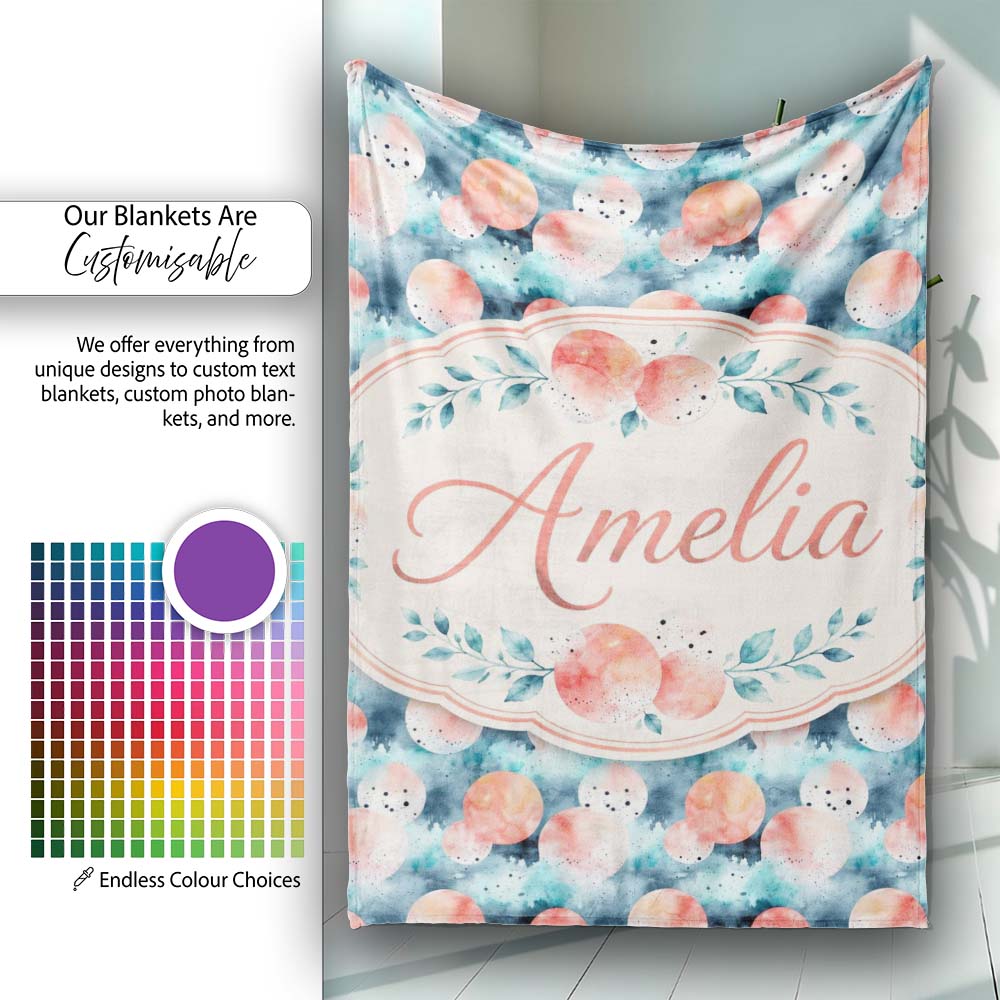 Abstract Coral and Teal Watercolor Circles Seamless Pattern Lovely Personalised Custom Name Super Soft Fleece Blanket Bed Sofa Throw