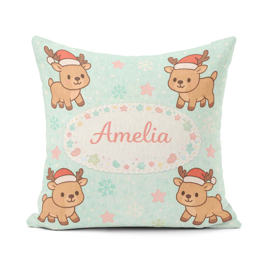 Custom Name Cute Christmas Reindeer Cartoon Animal Pattern for Square Filled Cushion Throw Pillow Sofa Bed Home Decor Zip Washable UK Made