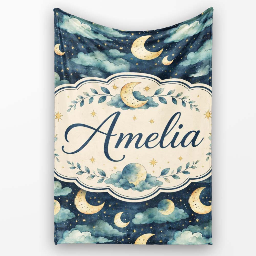 Golden Moon and Celestial Watercolor Night Sky Seamless Pattern Personalised Custom Name Super Soft Fleece Blanket Bed Sofa Throw