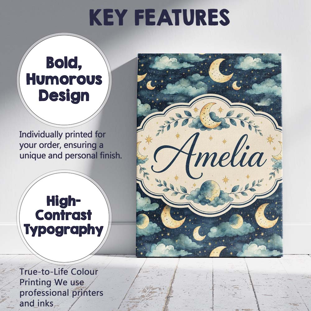 Personalised Name Golden Moon and Celestial Custom Bespoke Interior Contemporary Canvas Wall Art Print Decor Picture Ready to Hang